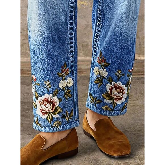Women’s Mid Rise Straight Leg Jeans Floral Embroidery Vintage Wash - Picture 2 of 5